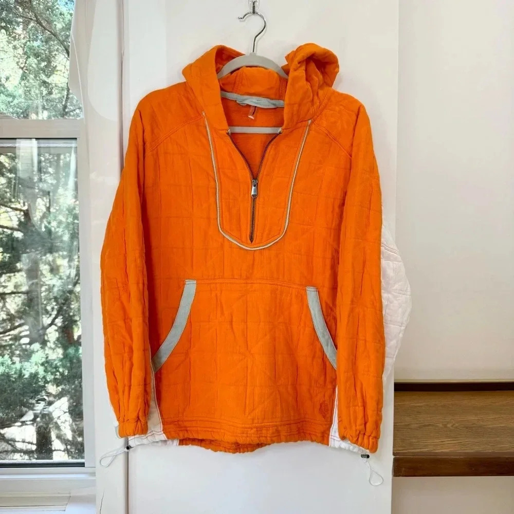 NWT Free People Quilted Quarter Zip Pullover Jacket Orange White XS